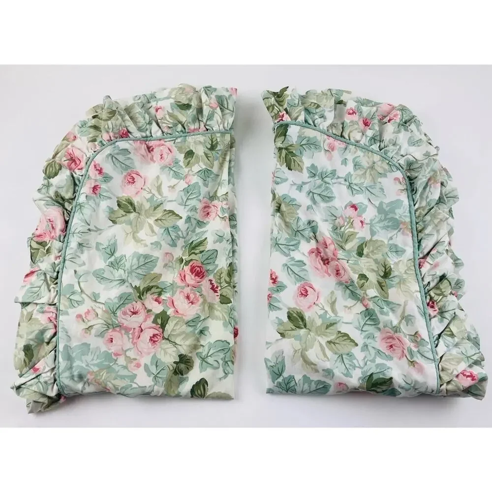 Vntge Laura Ashley KING Cottage Rose Set 2 Ruffled Pillow Shams Green Pink Cases